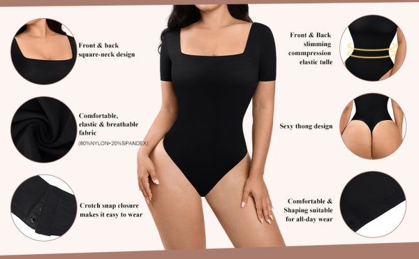 Black Square-Neck Short-Sleeve Tummy Control Shapewear Bodysuit Online Hot Sale - Image 5