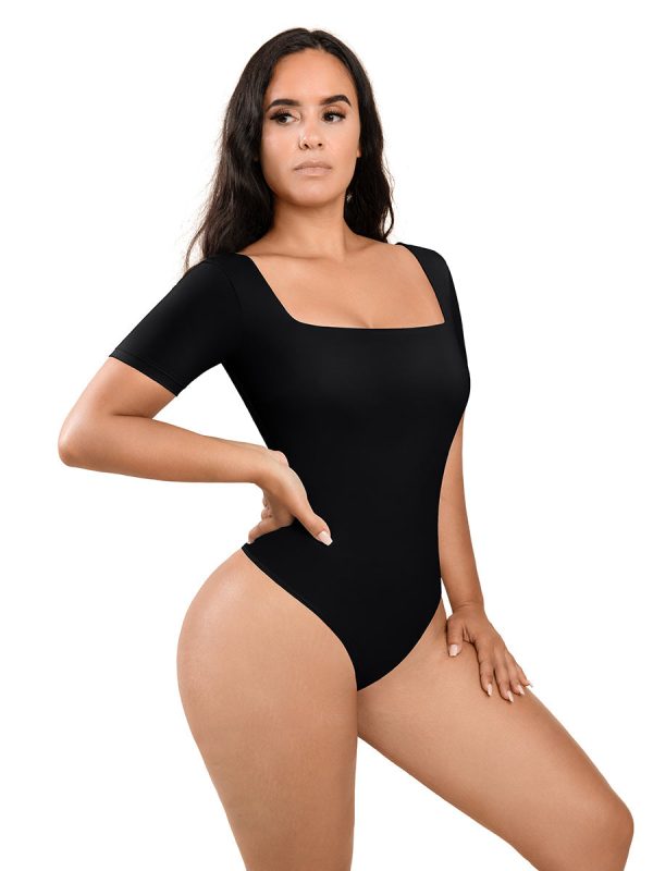 Black Square-Neck Short-Sleeve Tummy Control Shapewear Bodysuit Online Hot Sale - Image 2