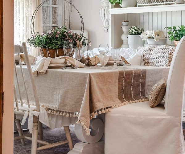 Beige Striped Tablecloth with Tassel Discount - Image 2