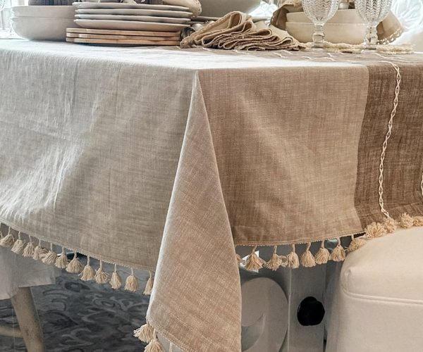 Beige Striped Tablecloth with Tassel Discount - Image 3