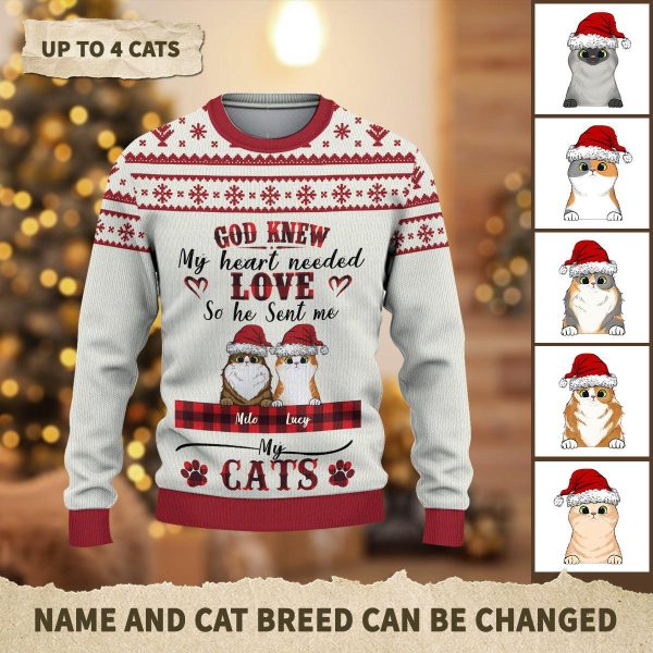 Cat God Knew My Heart Needed Love Personalized Knitted Sweater, Personalized Gift for Cat Lovers, Cat Mom, Cat Dad - KN004PS07 Hot on Sale