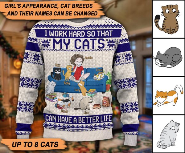 I Work Hard So That My Cat Can Have A Better Life Personalized Knitted Sweater, Personalized Gift for Cat Lovers, Cat Mom, Cat Dad - KN009PS02 For Discount