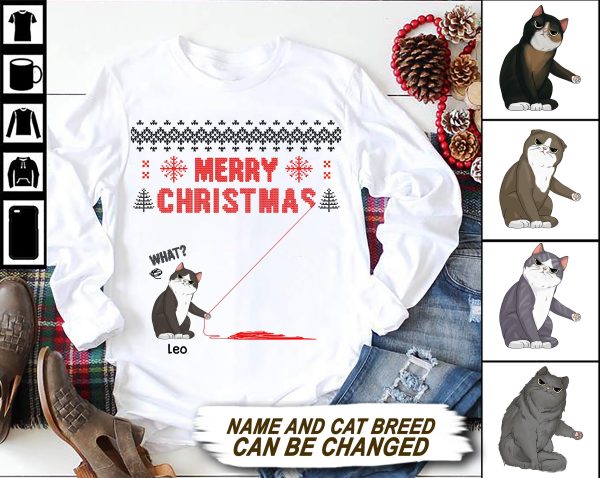 Merry Christmas Cat Personalized T-shirt, Personalized Gift for Cat Lovers, Cat Mom, Cat Dad - TS063PS05 For Discount