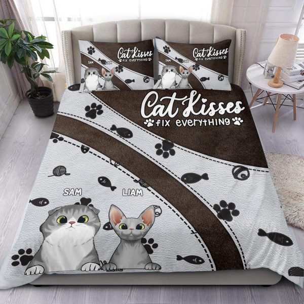Cat Kisses Brown And White Personalized Bedding Set, Personalized Gift for Cat Lovers, Cat Mom, Cat Dad - BD015PS07 Cheap - Image 2